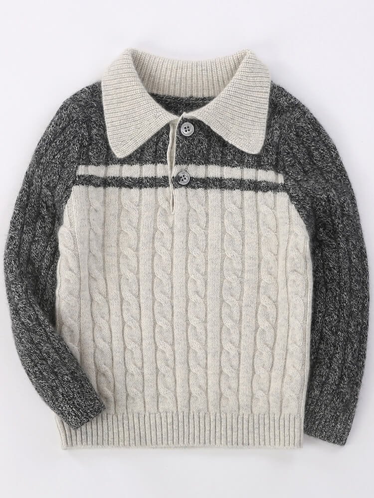 (image for) Cable Knit Cashmere Button Collar Sweater with Contrast Sleeves